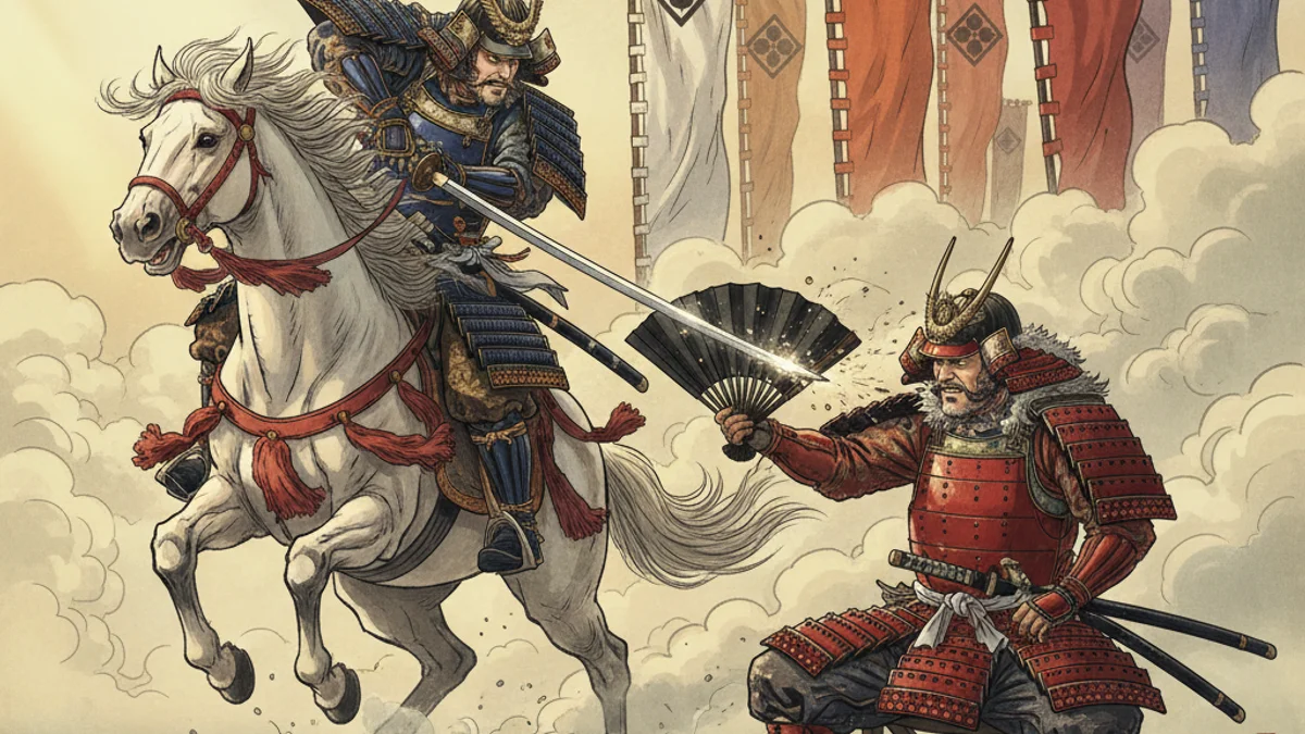 Takeda Shingen and Uesugi Kenshin - Samurai Heroism story illustration from Japanese Samurai Legends