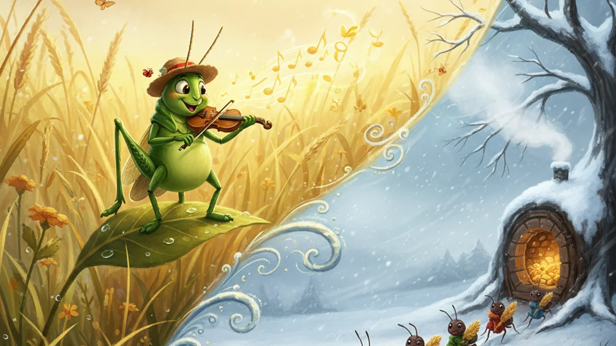 The Ant and the Grasshopper - Aesop's Fables Extended story illustration from Moral Fables