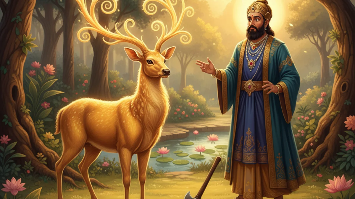 Illustration for The Banyan Deer - a stories of buddha's past lives Buddhist Jataka Tales story with moral lessons