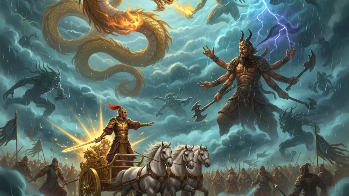 Illustration for The Battle of Zhuolu - a creation myths Chinese Legends story with moral lessons