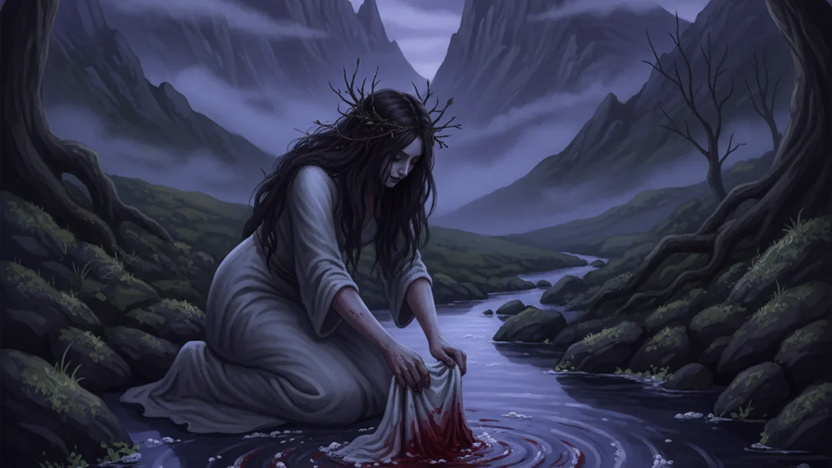 Illustration for The Bean Nighe Washerwoman - a scottish legends Celtic Myths story with moral lessons