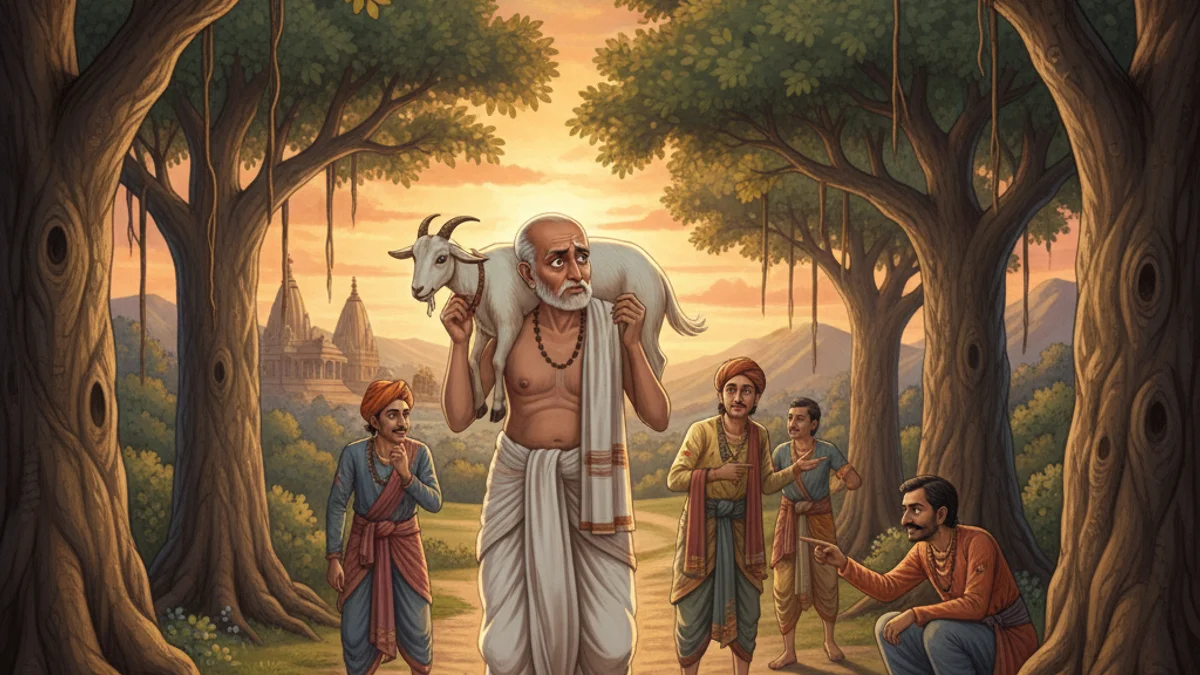 Illustration for The Brahmin's Goat - a animal stories with life lessons Panchatantra story with moral lessons