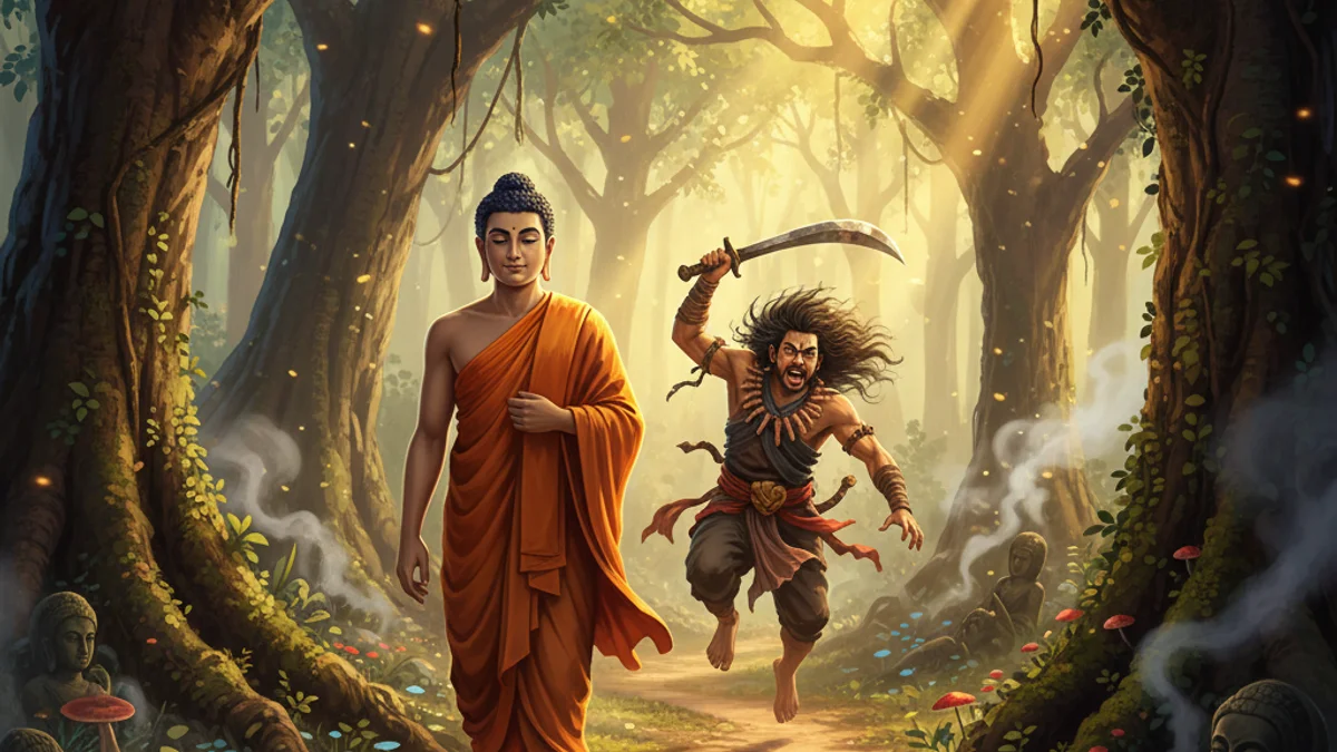 The Buddha and Angulimala - Additional Tales story illustration from Buddhist Jataka Tales