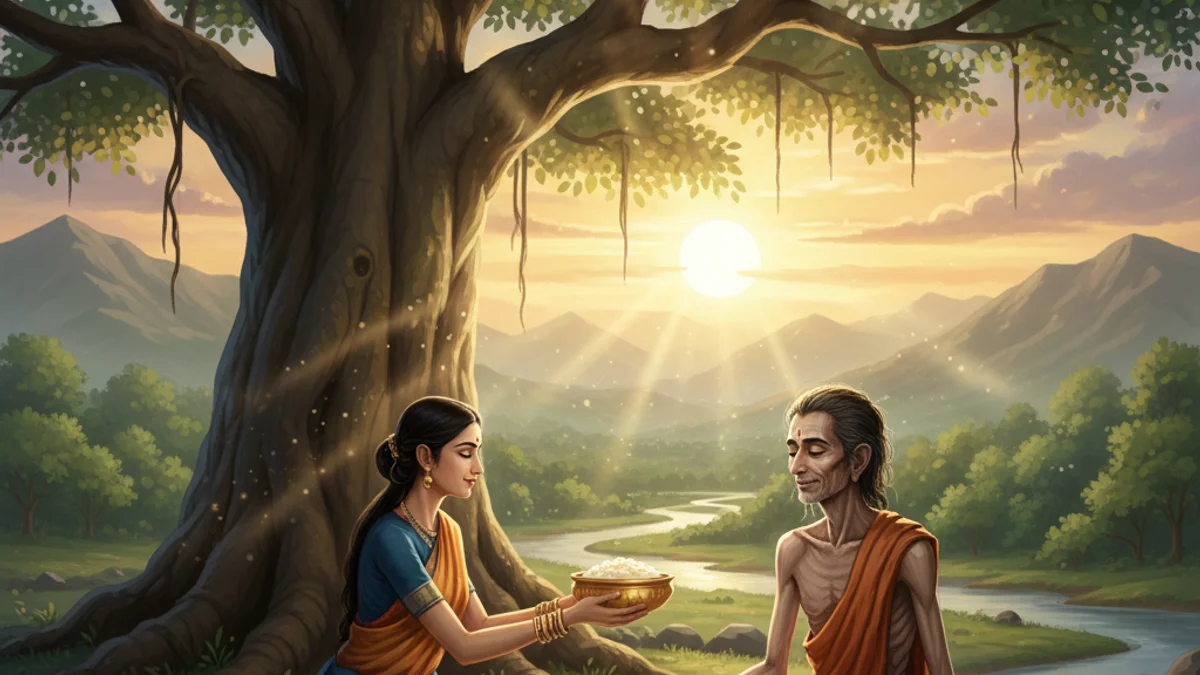 The Buddha and Sujata - Additional Tales story illustration from Buddhist Jataka Tales