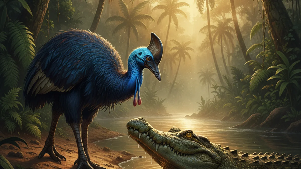 The Cassowary and the Crocodile - Papua New Guinea story illustration from Pacific Island Mythology