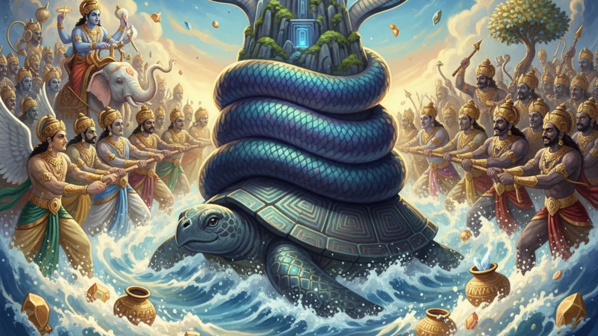 Illustration for The Churning of the Ocean - a gods and demons Hindu Epics story with moral lessons