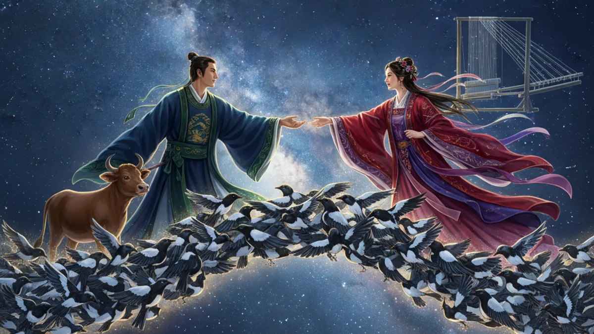 Illustration for The Cowherd and Weaver Girl - a immortals of chinese folklore Chinese Legends story with moral lessons