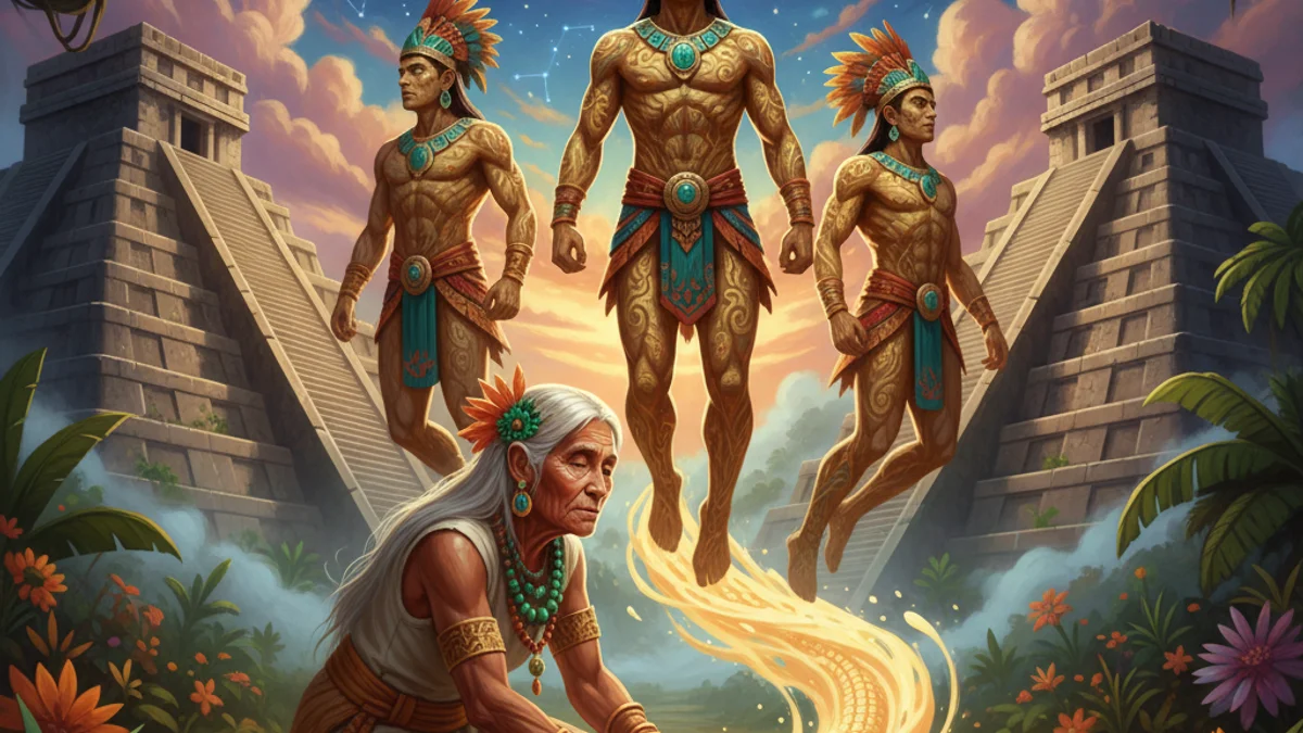 The Creation of Humans from Maize - Popol Vuh story illustration from Mayan and Aztec Mythology