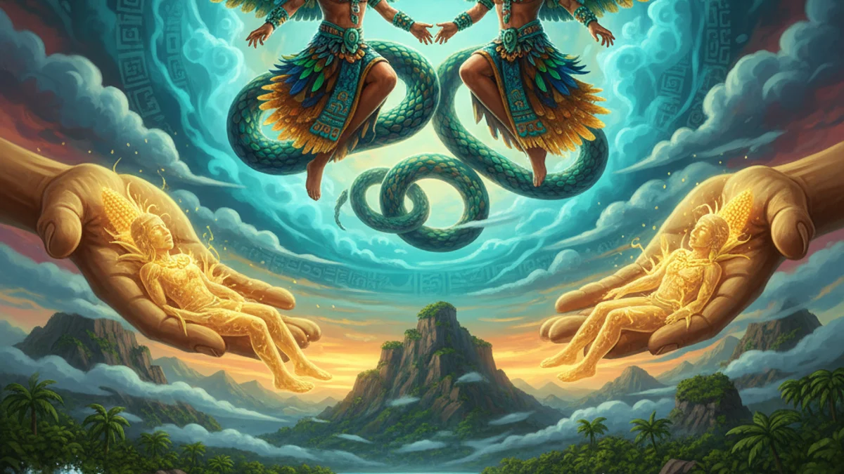 The Creation of the World - Popol Vuh story illustration from Mayan and Aztec Mythology