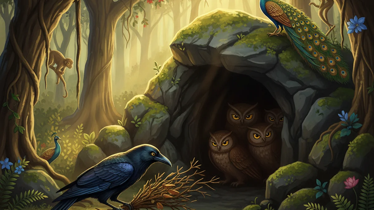 Illustration for The Crow and the Owl - a tales of wisdom and strategy Panchatantra story with moral lessons