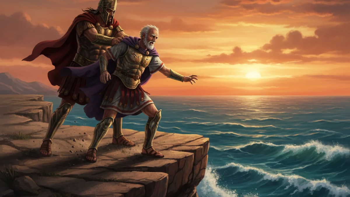 Illustration for The Death of Theseus - a heroes Greek Myths story with moral lessons