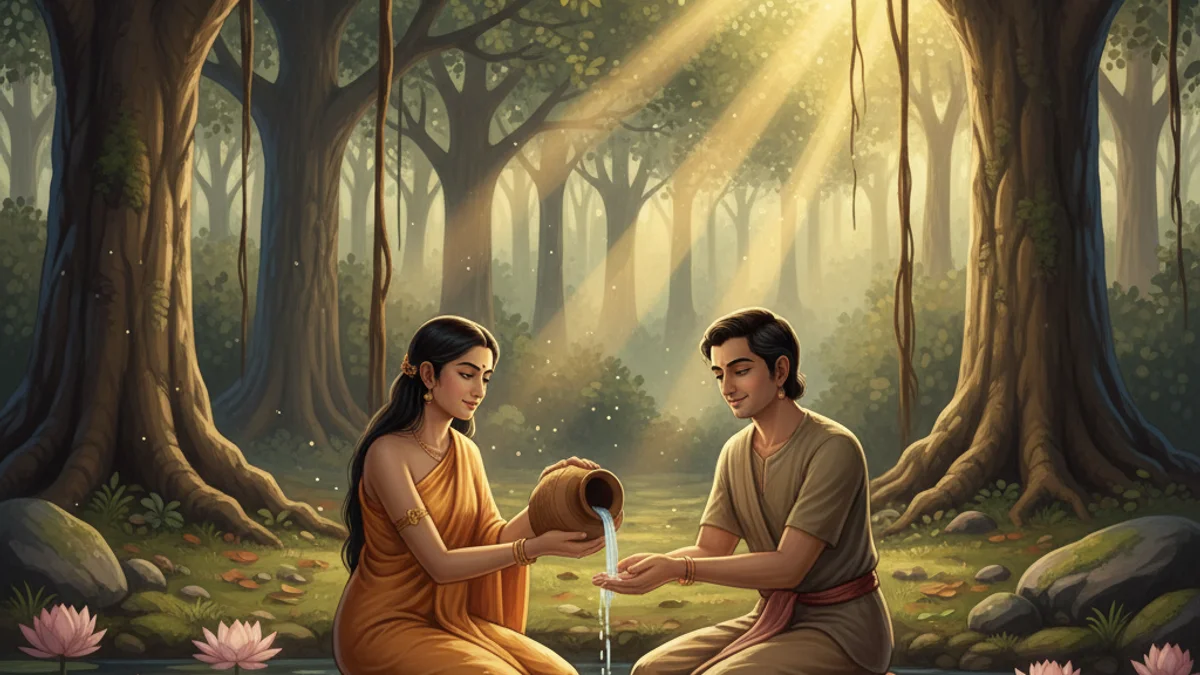 Illustration for The Devoted Wife - a tales of compassion and wisdom Buddhist Jataka Tales story with moral lessons