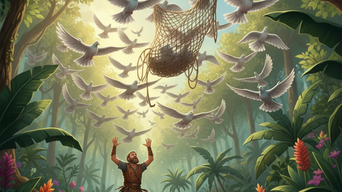 Illustration for The Dove and the Hunter - a tales of wisdom and strategy Panchatantra story with moral lessons