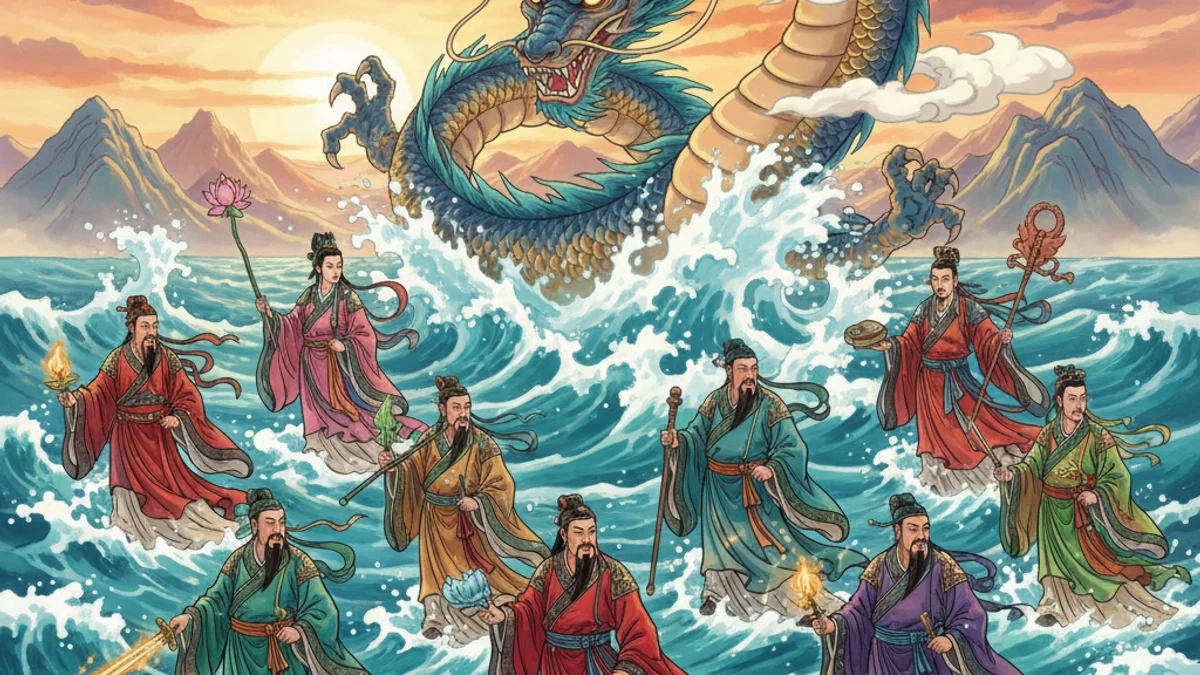 Illustration for The Eight Immortals and the Sea Dragon - a additional tales Chinese Legends story with moral lessons