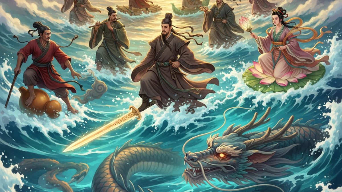 Illustration for The Eight Immortals Cross the Sea - a immortals of chinese folklore Chinese Legends story with moral lessons