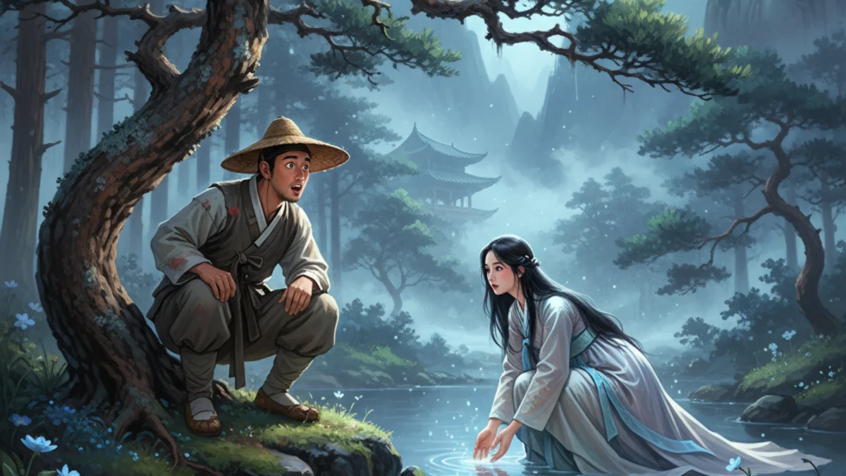 Illustration for The Fairy and the Woodcutter - a classic folktales Korean Mythology story with moral lessons