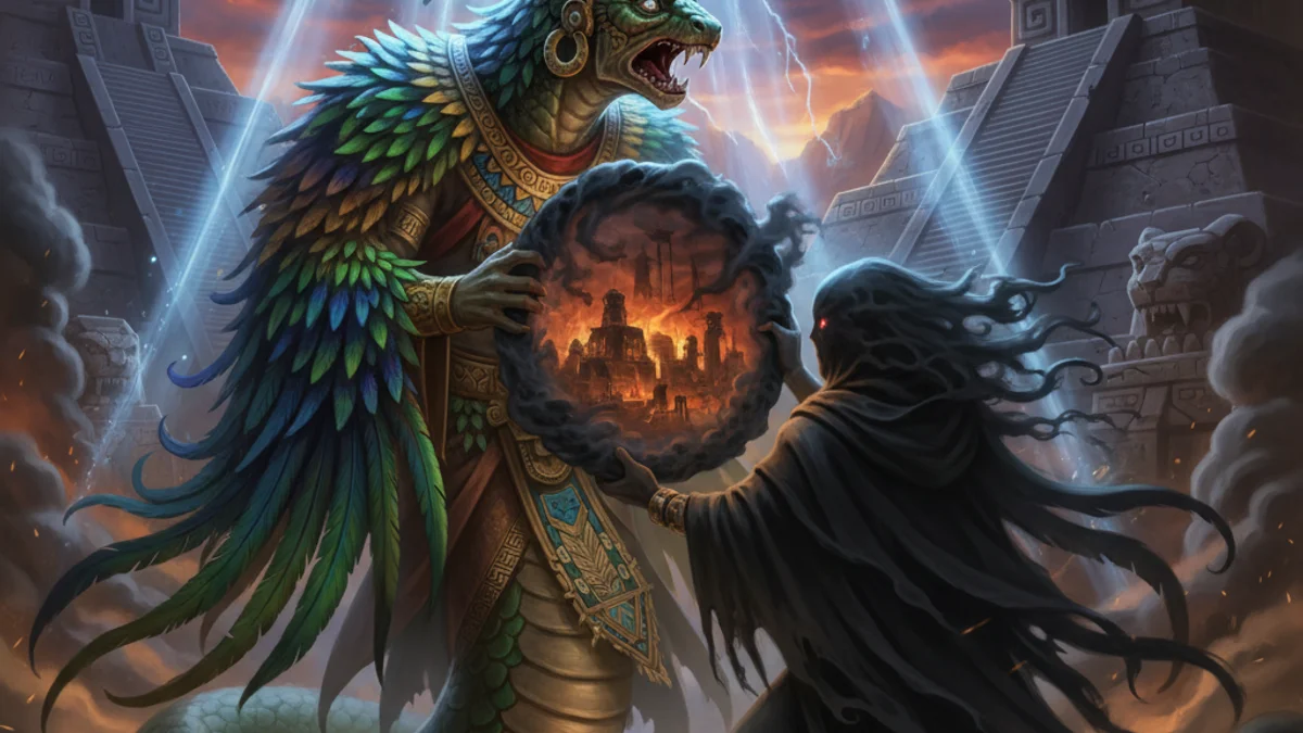 Illustration for The Fall of Quetzalcoatl - a aztec gods Mayan and Aztec Mythology story with moral lessons