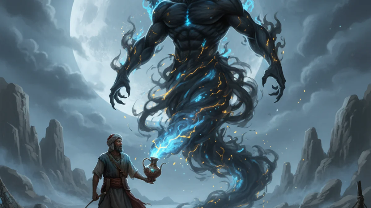 Illustration for The Fisherman and the Jinni - a scheherazade's stories Arabian Nights story with moral lessons