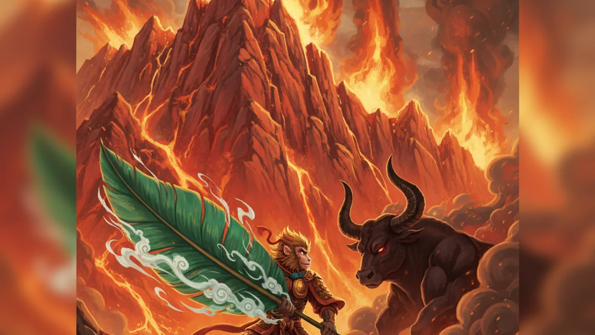 The Flaming Mountains - Journey to the West story illustration from Chinese Legends