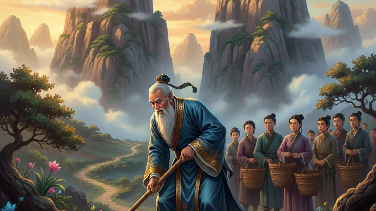 Illustration for The Foolish Old Man Moves Mountains - a famous heroes Chinese Legends story with moral lessons