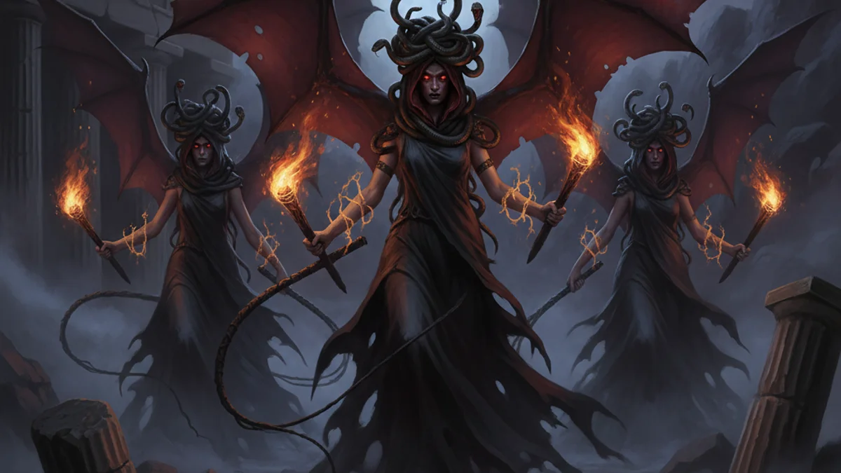 Illustration for The Furies - a mythical creatures Greek Myths story with moral lessons