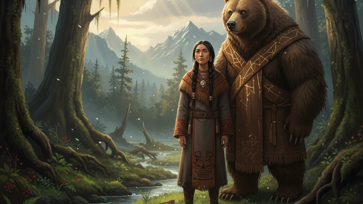 Illustration for The Girl Who Married a Bear - a animal myths Native American Legends story with moral lessons