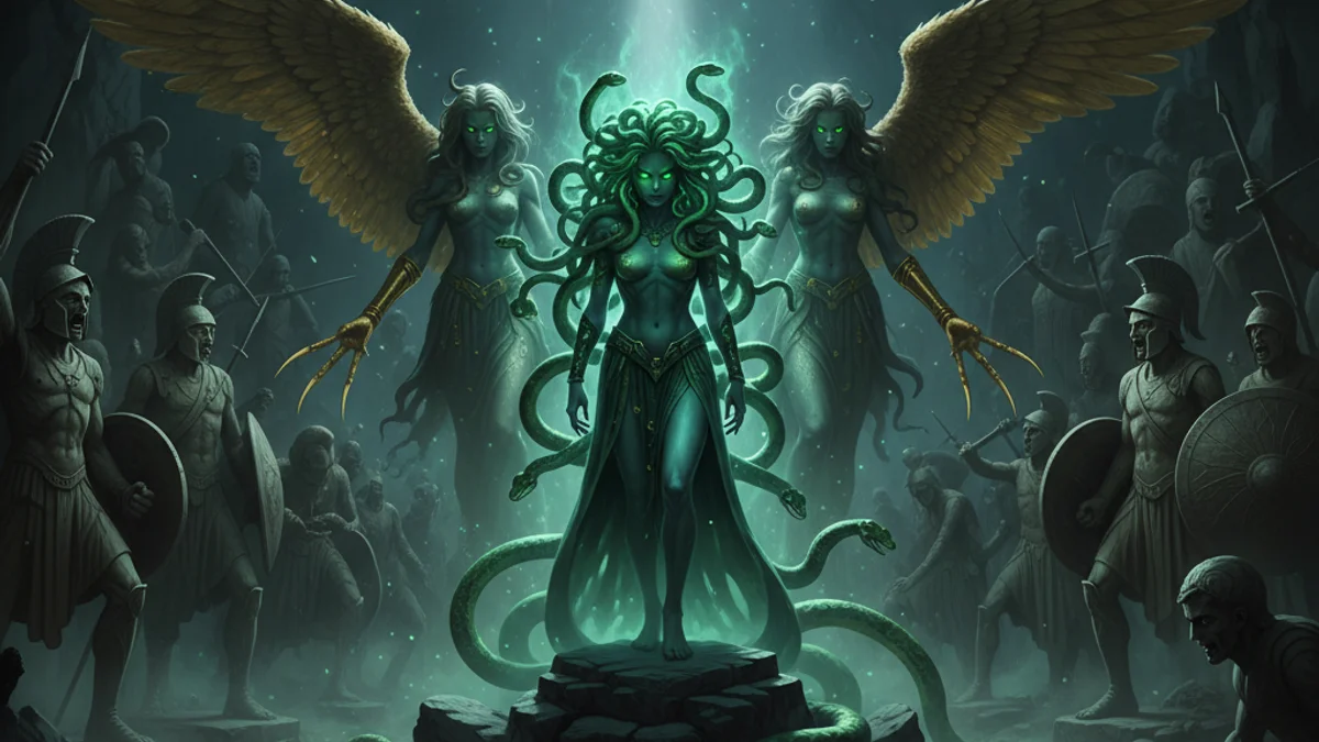Illustration for The Gorgon Sisters - a mythical creatures Greek Myths story with moral lessons