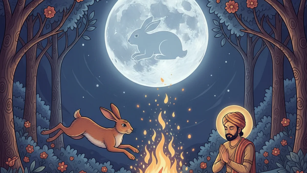 Illustration for The Hare's Sacrifice - a stories of buddha's past lives Buddhist Jataka Tales story with moral lessons