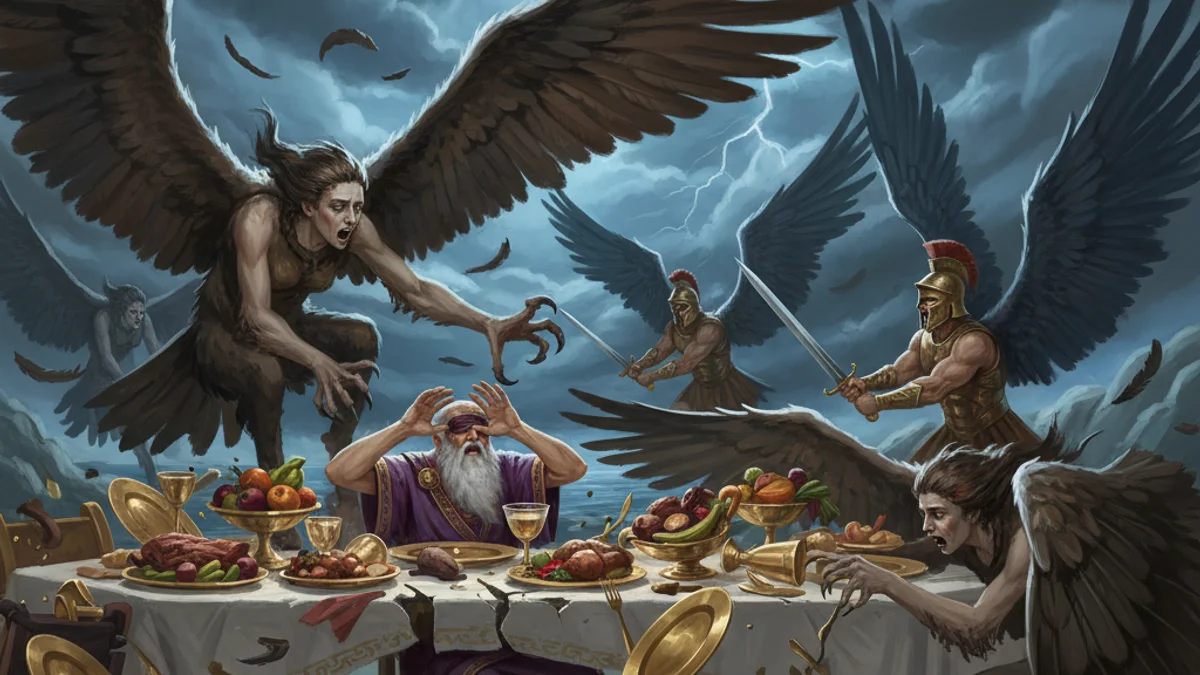 Illustration for The Harpies - a mythical creatures Greek Myths story with moral lessons