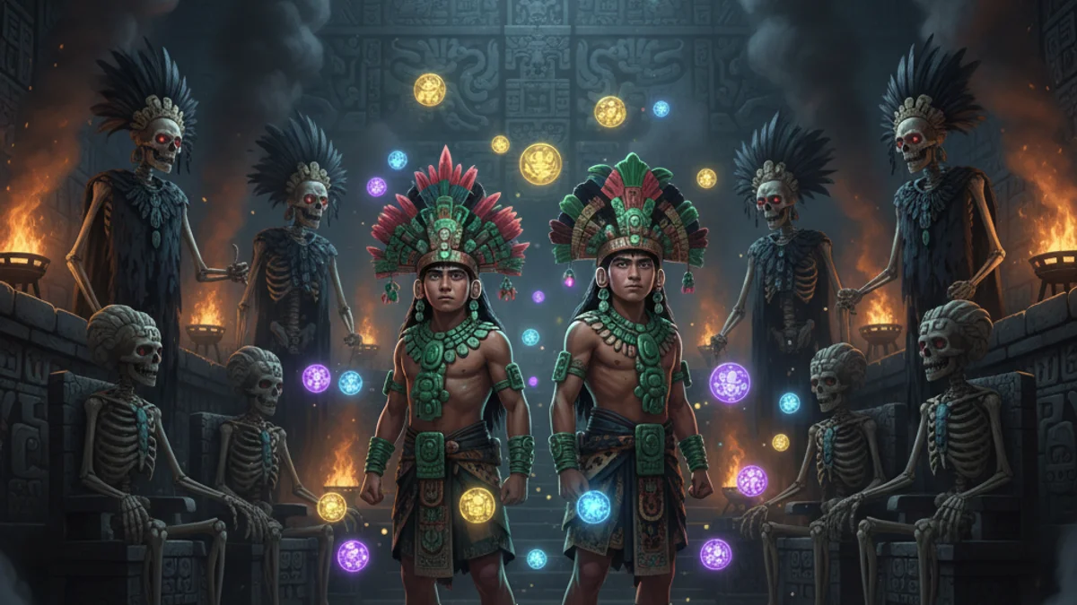 Illustration for The Hero Twins Hunahpu and Xbalanque - a popol vuh Mayan and Aztec Mythology story with moral lessons
