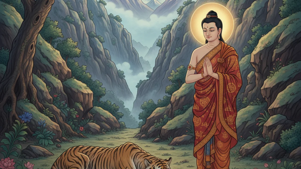 Illustration for The Hungry Tigress - a tales of compassion and wisdom Buddhist Jataka Tales story with moral lessons