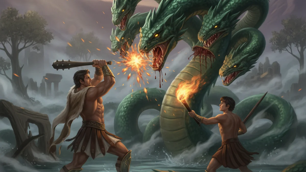 Illustration for The Hydra of Lerna - a mythical creatures Greek Myths story with moral lessons
