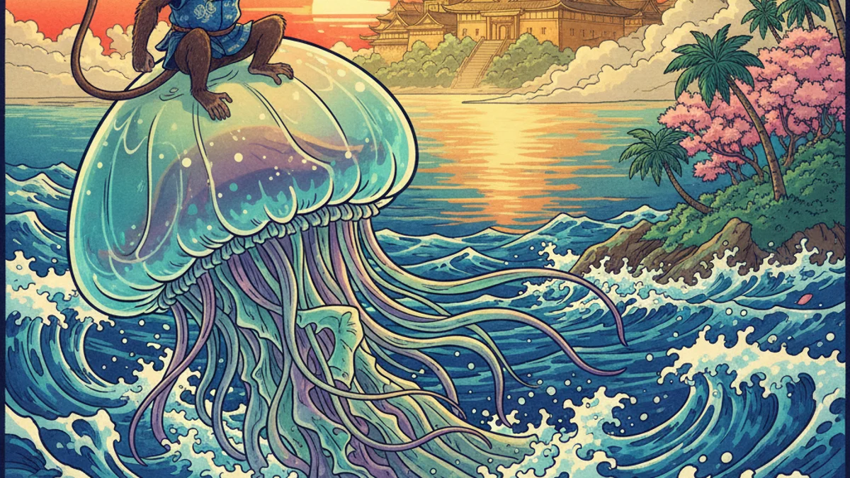 Illustration for The Jellyfish and the Monkey - a classic folktales Japanese Folklore story with moral lessons