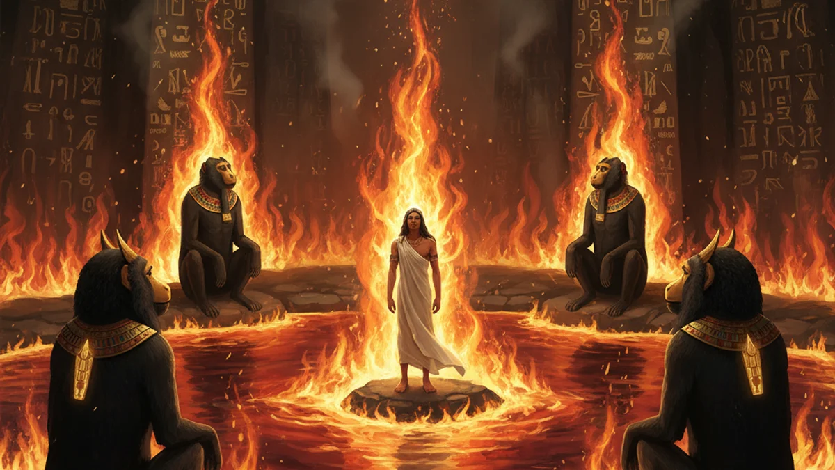Illustration for The Lake of Fire - a tales of the afterlife Egyptian Mythology story with moral lessons