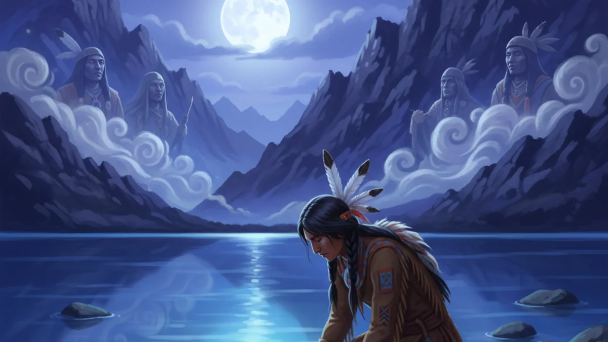 Illustration for The Legend of Blue Lake - a tribal tales of heroism Native American Legends story with moral lessons