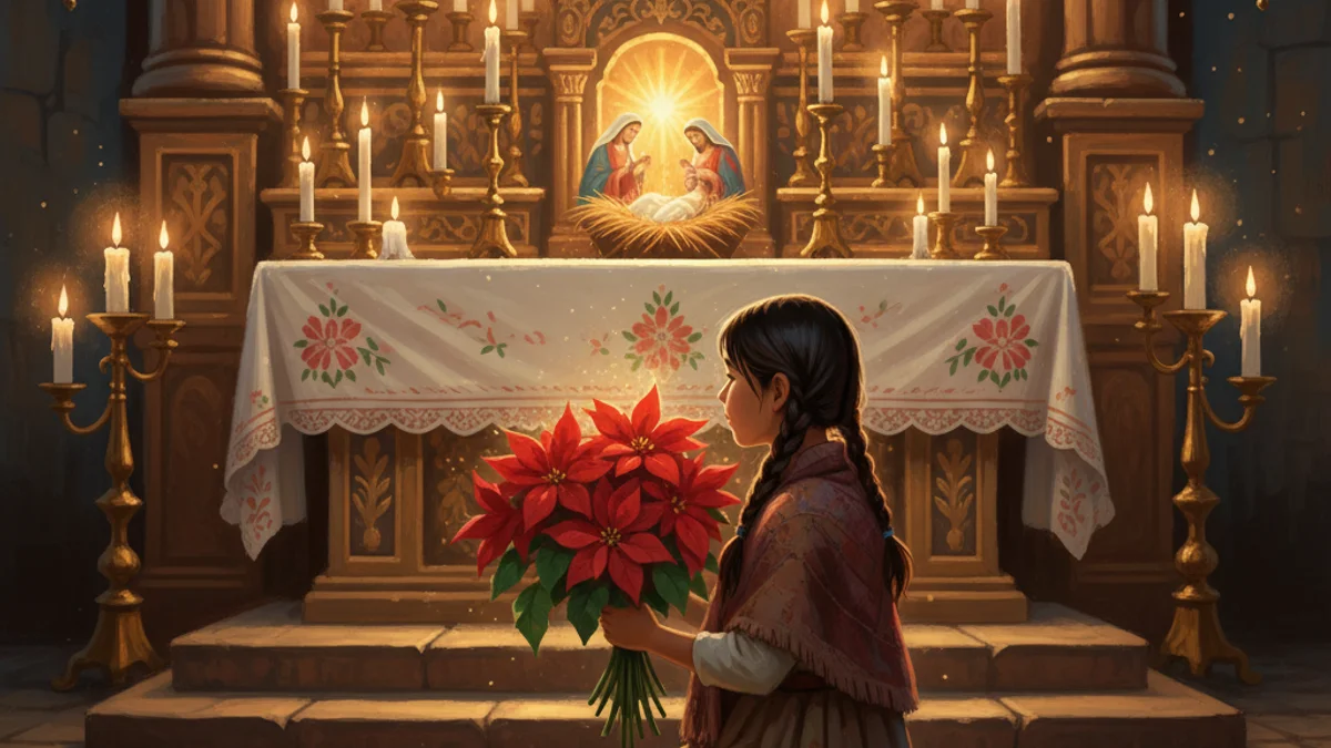 The Legend of the Poinsettia - Christmas Origins story illustration from Christmas and Winter Folklore