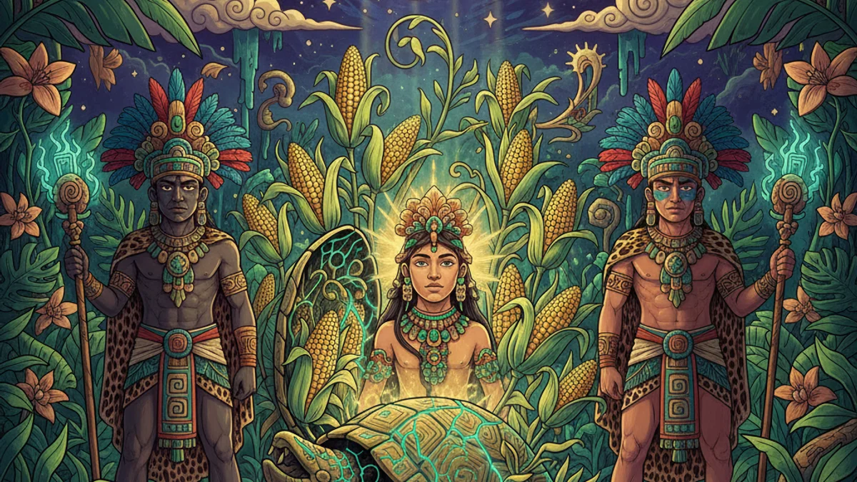 The Maize God's Resurrection - Popol Vuh story illustration from Mayan and Aztec Mythology