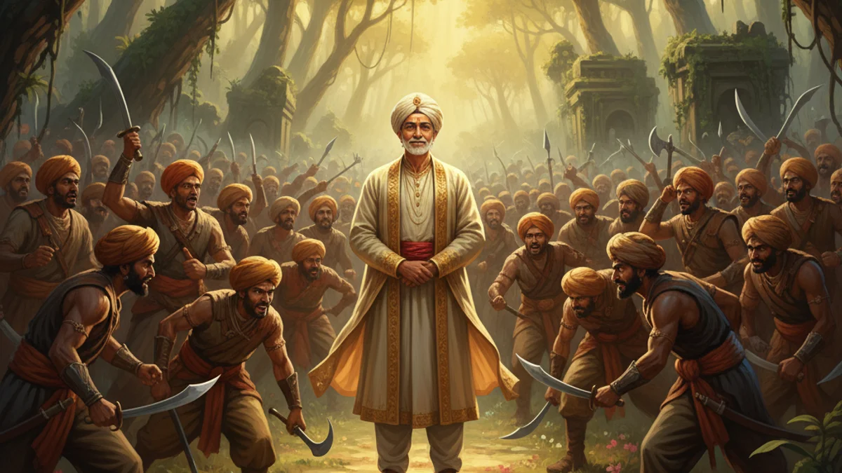 Illustration for The Merchant and the Five Hundred Robbers - a tales of compassion and wisdom Buddhist Jataka Tales story with moral lessons