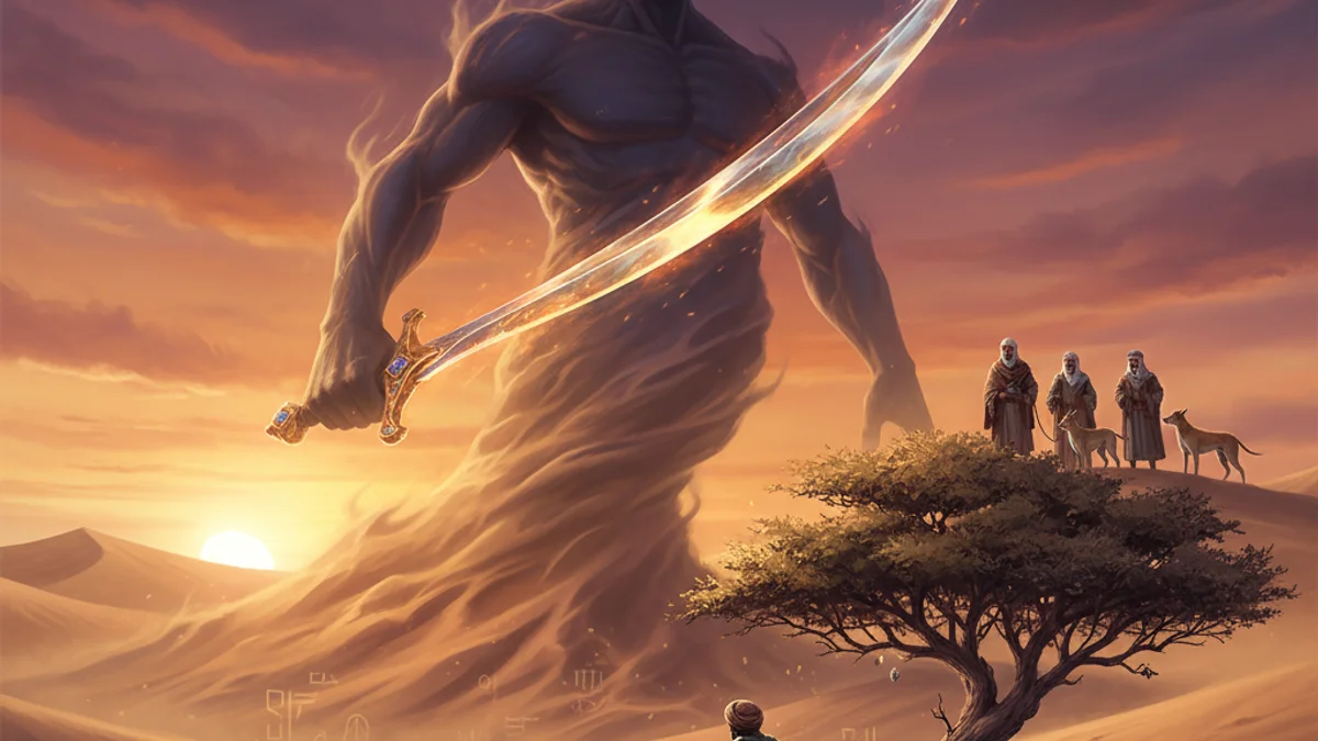 Illustration for The Merchant and the Genie - a scheherazade's stories Arabian Nights story with moral lessons