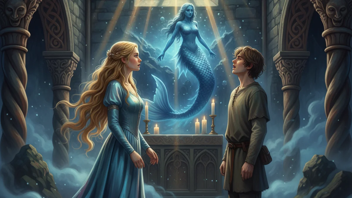 Illustration for The Mermaid of Zennor - a mermaid tales European Folklore story with moral lessons