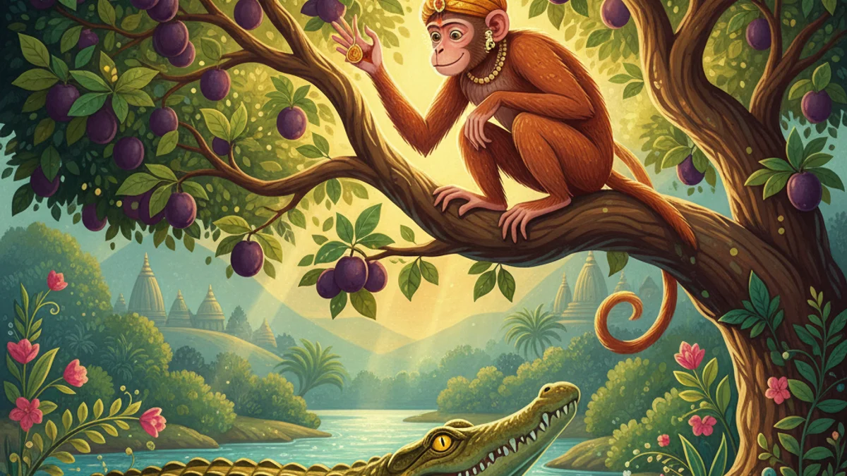 The Monkey and the Crocodile - Animal Stories with Life Lessons story illustration from Panchatantra
