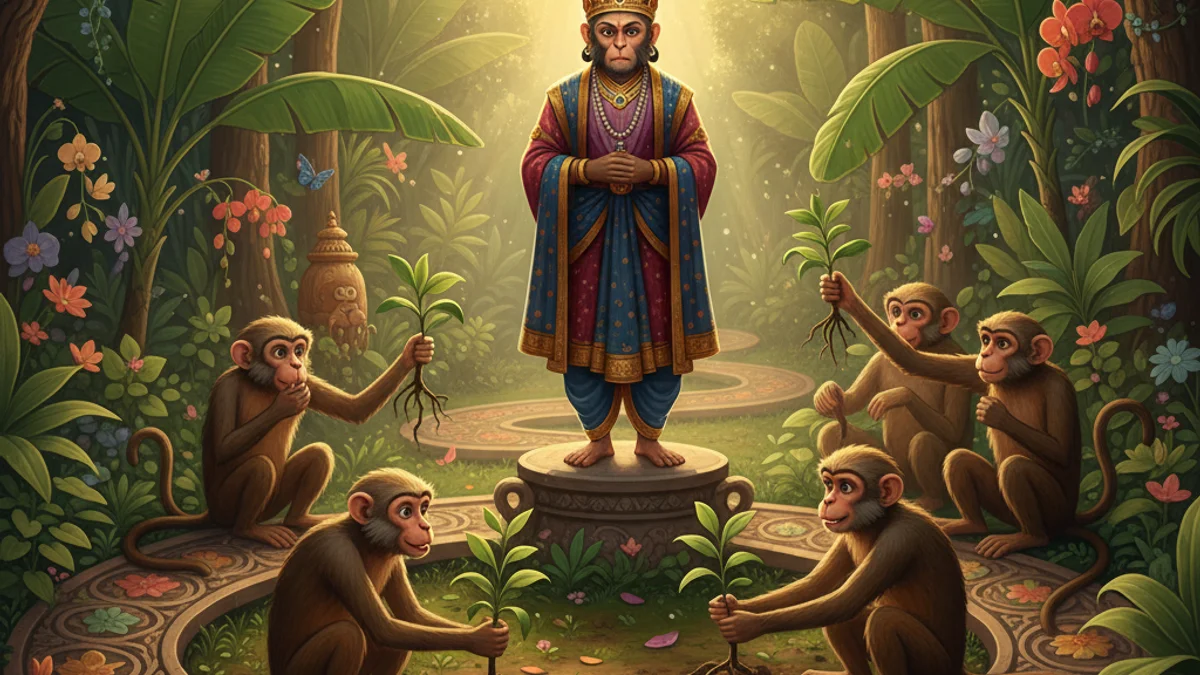 Illustration for The Monkey Gardeners - a tales of compassion and wisdom Buddhist Jataka Tales story with moral lessons