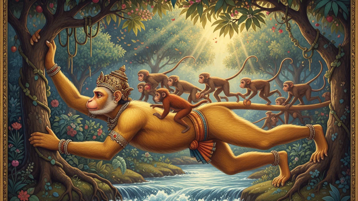 Illustration for The Monkey King's Sacrifice - a stories of buddha's past lives Buddhist Jataka Tales story with moral lessons