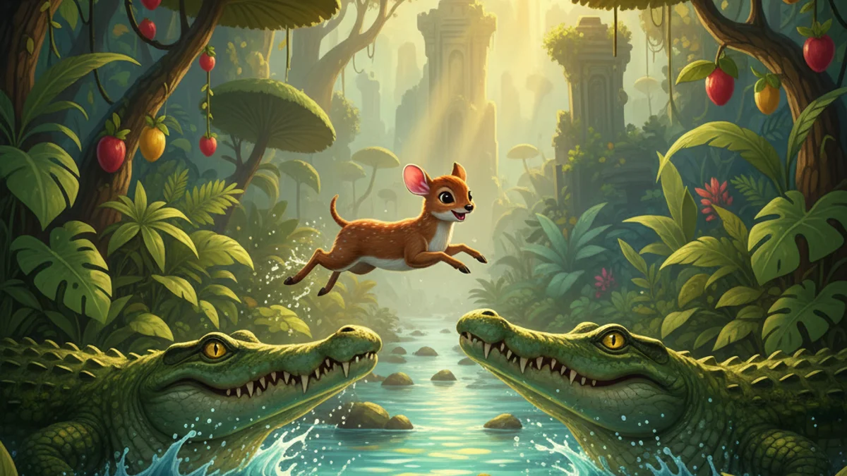 The Mouse Deer and the Crocodiles - Sang Kancil Tales story illustration from Indonesian Folklore