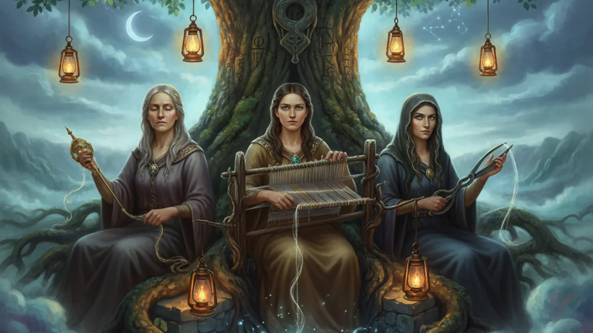 Illustration for The Norns and Fate - a mythical beings Norse Myths story with moral lessons