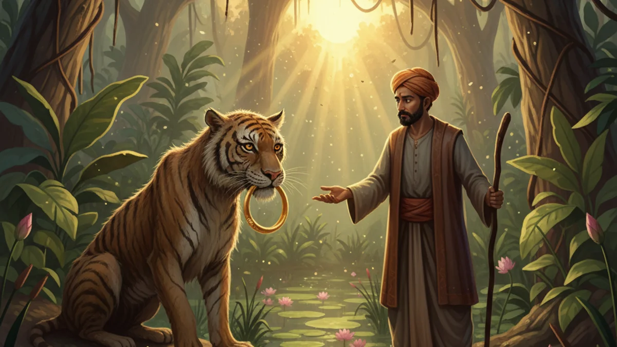 Illustration for The Old Tiger and the Traveler - a animal stories with life lessons Panchatantra story with moral lessons