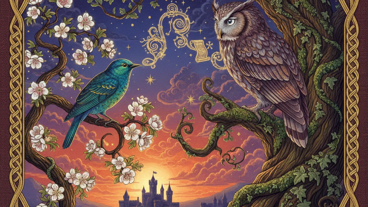 Illustration for The Owl and the Nightingale - a beast epics Medieval Tales story with moral lessons