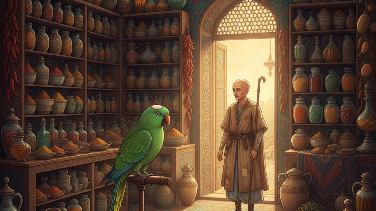Illustration for The Parrot and the Grocer - a parables of rumi Sufi Parables story with moral lessons