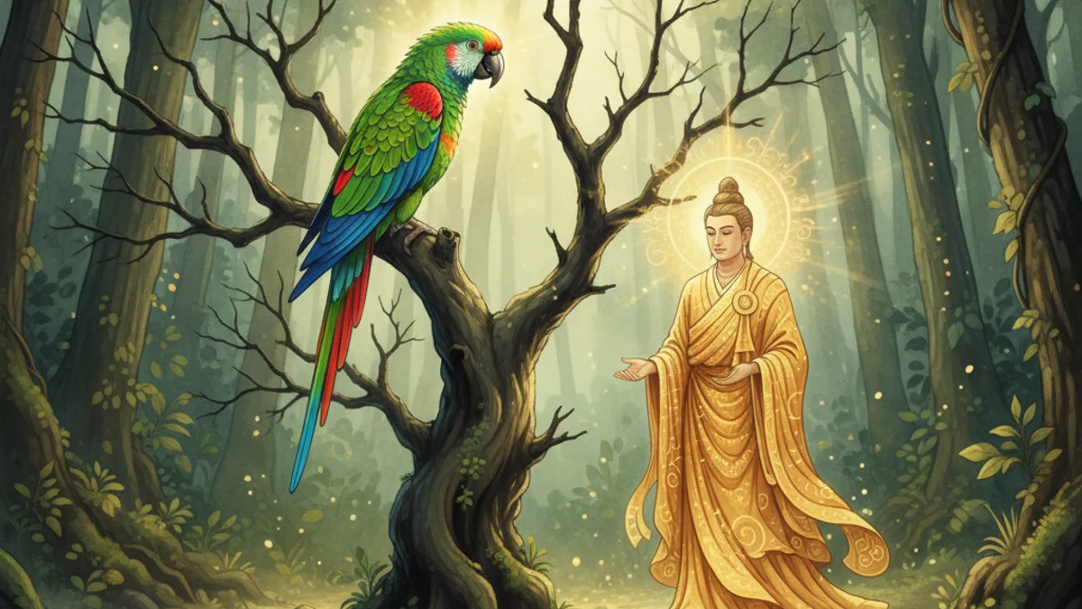 Illustration for The Parrot's Tale - a stories of buddha's past lives Buddhist Jataka Tales story with moral lessons