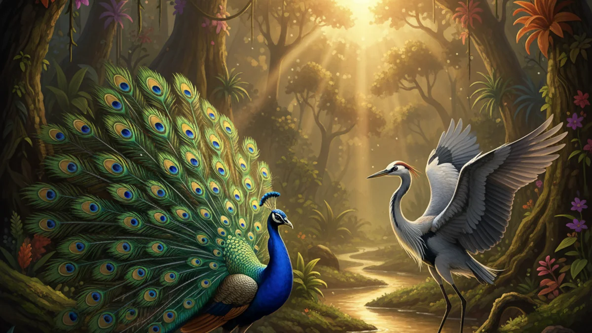 The Peacock and the Crane - Animal Stories with Life Lessons story illustration from Panchatantra